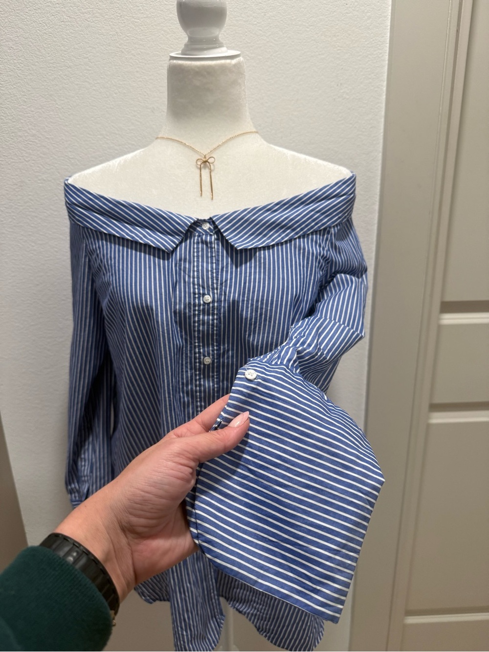 Zara Trafaluc Blue White Striped Off Shoulder Shirt Blouse M